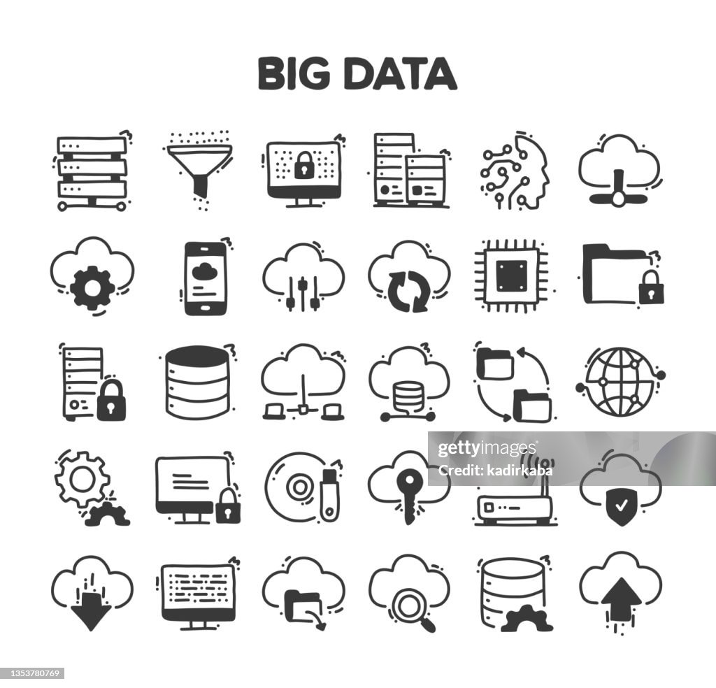 Big Data Related Hand Drawn Vector Doodle Icon Set