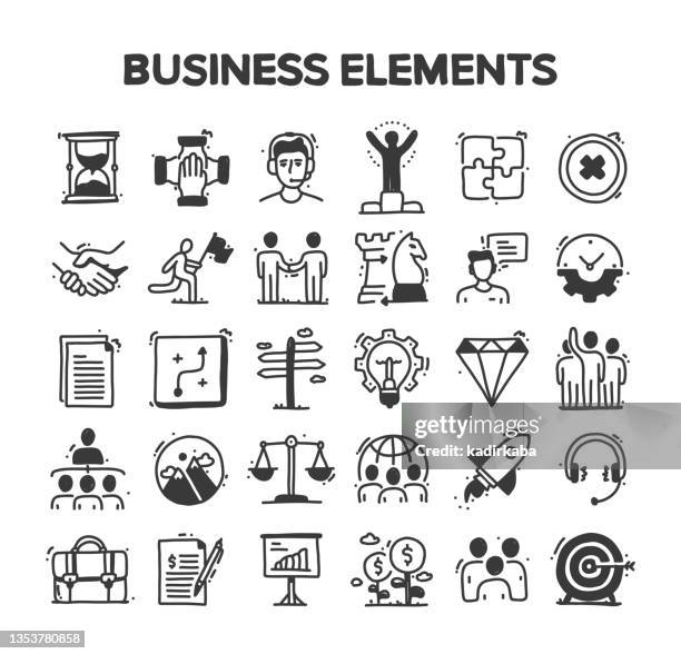 business elements related hand drawn vector doodle icon set - challenge icon eps stock illustrations