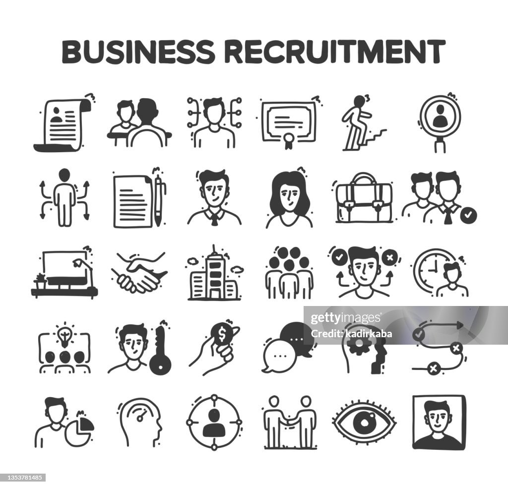 Ensemble d’icônes de griffon vectoriel dessiné à la main lié au recrutement d’entreprise