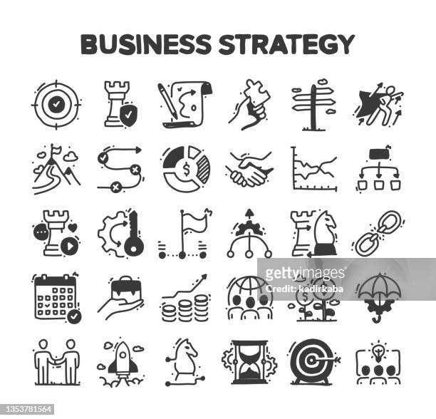 business strategy related hand drawn vector doodle icon set - mergers growth stock illustrations