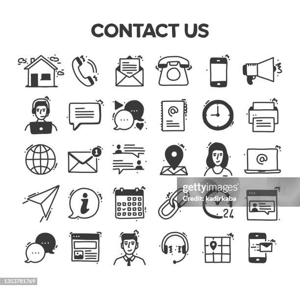 contact us related hand drawn vector doodle icon set - contact us stock illustrations