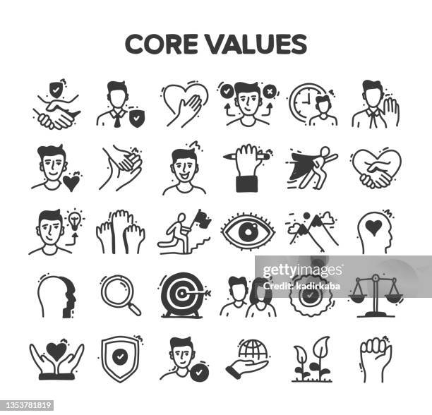 core values related hand drawn vector doodle icon set - honesty stock illustrations