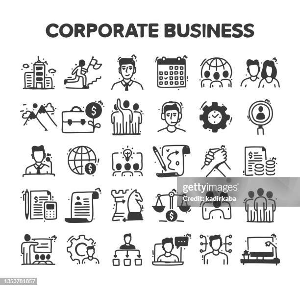 corporate business related hand drawn vector doodle icon set - accounting office stock illustrations