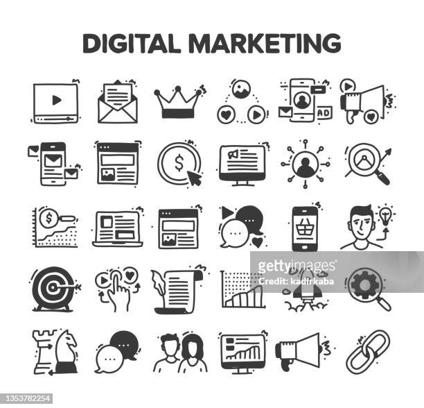 digital marketing related hand drawn vector doodle icon set - social media icons vector stock-grafiken, -clipart, -cartoons und -symbole