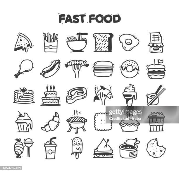 ilustraciones, imágenes clip art, dibujos animados e iconos de stock de juego de iconos de garabatos vectoriales dibujados a mano relacionados con la comida rápida - envoltorio de dulce