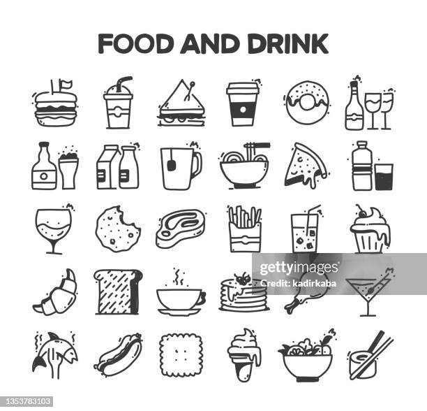 food and drink related hand drawn vector doodle icon set - dessert martini glass stock illustrations