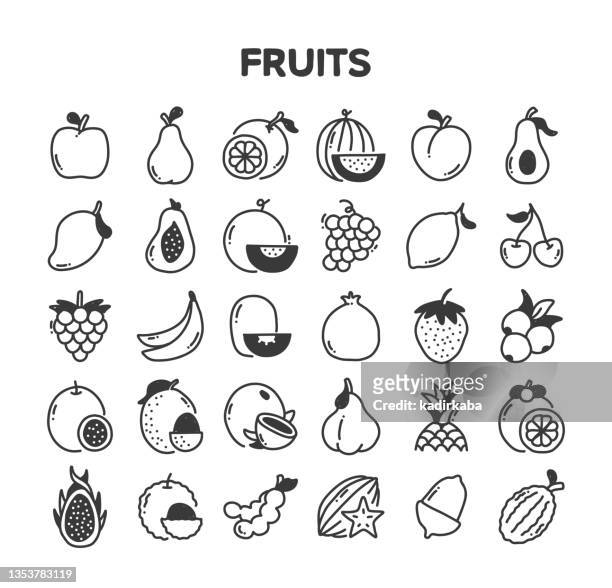 fruits related hand drawn vector doodle icon set - mango vector stock illustrations