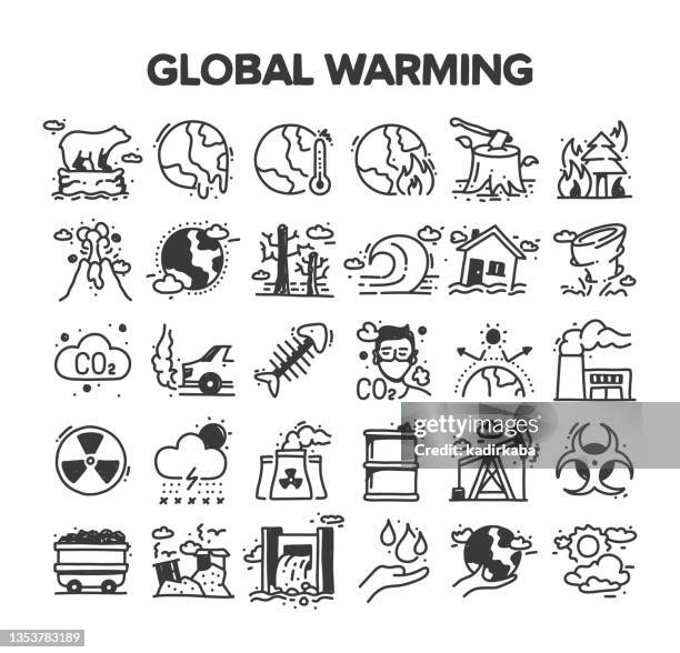 globale erwärmung verwandte handgezeichnete vektor-doodle-symbol-set - water pollution stock-grafiken, -clipart, -cartoons und -symbole