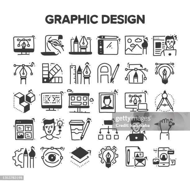 ilustraciones, imágenes clip art, dibujos animados e iconos de stock de diseño gráfico relacionado dibujo vectorial dibujo a mano conjunto de iconos de garabatos vectoriales - diseñador gráfico
