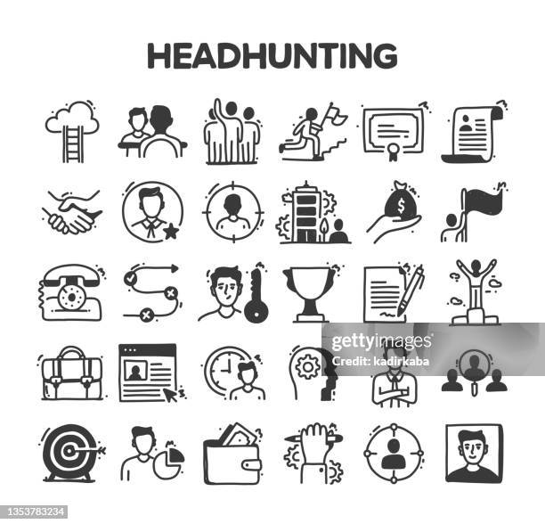 headhunting related hand drawn vector doodle icon set - contracting stock illustrations