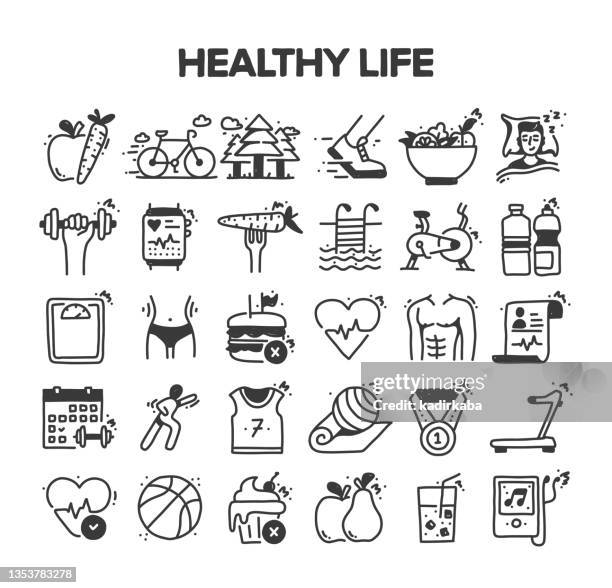 ilustraciones, imágenes clip art, dibujos animados e iconos de stock de healthy life related hand drawn vector doodle icon set - swimming