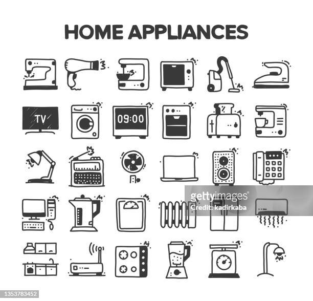 home appliances related hand drawn vector doodle icon set - major household appliance stock illustrations