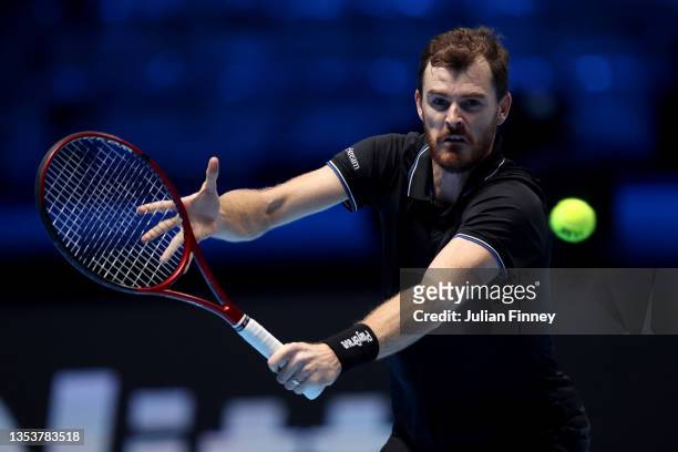 Jamie Murray of Great Britain in action during his doubles match with partner Bruno Soares of Brazil against Robert Farah and Juan Sebastián Cabal of...