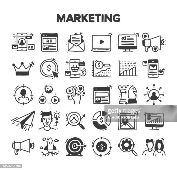 marketing related hand drawn vector doodle icon set - online advertising stock illustrations