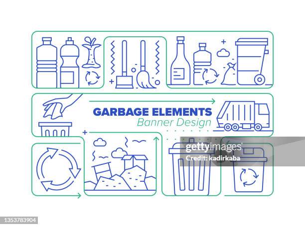 garbage elements line icon set and related process infographic design - waste management infographic stock illustrations