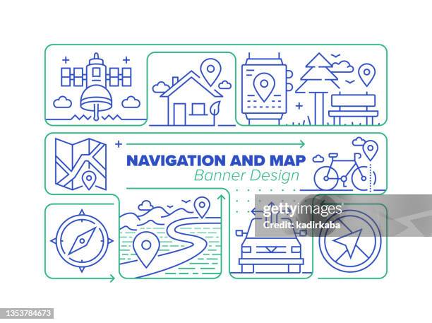 navigation and map line icon set and related process infographic design - remote location stock illustrations