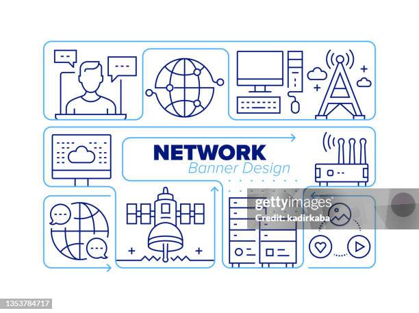 network line icon set and related process infographic design - communications tower editable stock illustrations