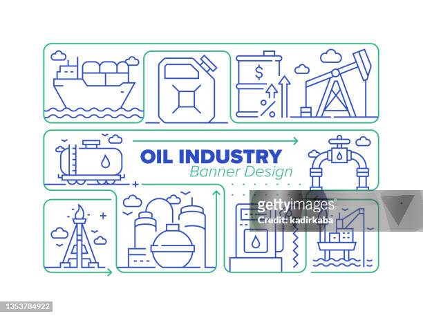 oil industry line icon set und zugehöriges prozess-infografik-design - refinery stock-grafiken, -clipart, -cartoons und -symbole