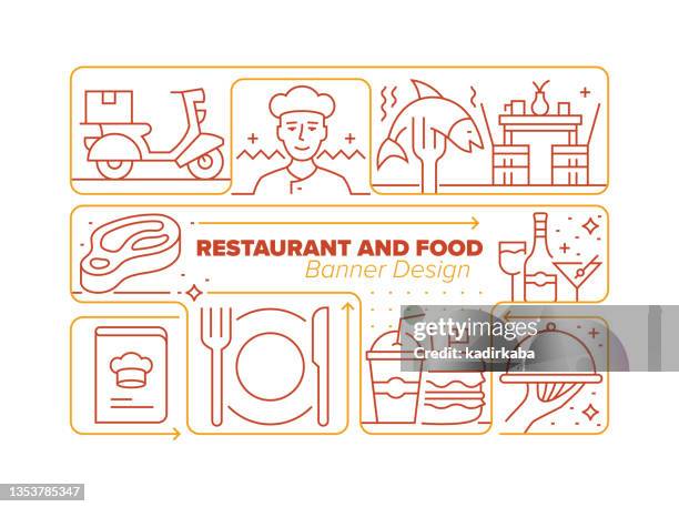 restaurant and food line icon set and related process infographic design - chicken waffles stock illustrations