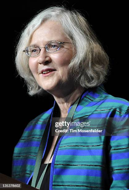 Dr. Elizabeth Blackburn performs her acceptance speech at the 2011 California Hall of Fame Inductee Ceremony at the California Musuem on December 8,...