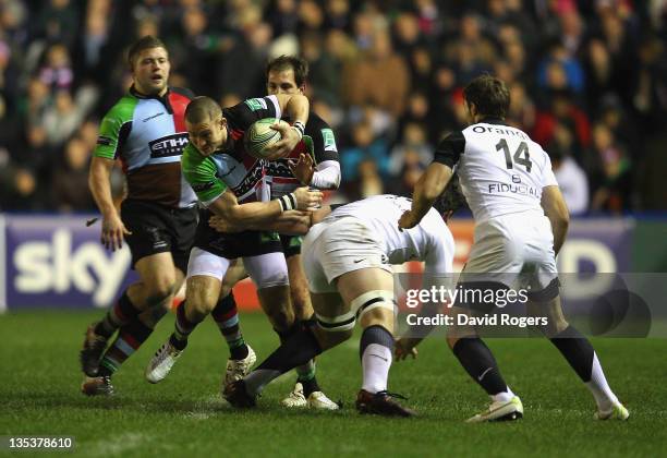 Mike Brown of Harlequins charges upfield during the Heineken Cup match between Harlequins and Toulouse at Twickenham Stoop on December 9, 2011 in...