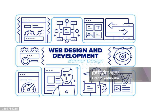 web design and development line icon set and related process infographic design - website launch icon stock illustrations