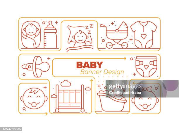 baby line icon set und zugehörige prozess infografik design - brustwarze stock-grafiken, -clipart, -cartoons und -symbole