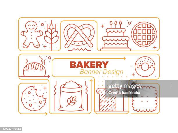 bakery line icon set and related process infographic design - ginger bread house stock illustrations