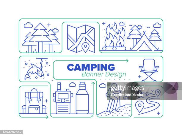 camping line icon set and related process infographic design - fire trail vector stock illustrations