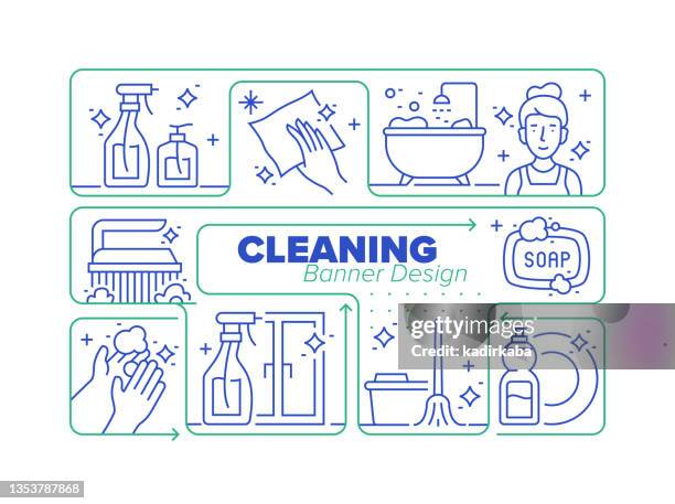 cleaning line icon set and related process infographic design - washing dishes stock illustrations