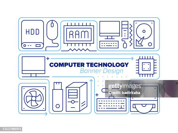 stockillustraties, clipart, cartoons en iconen met computer technology line icon set and related process infographic design - computer speaker