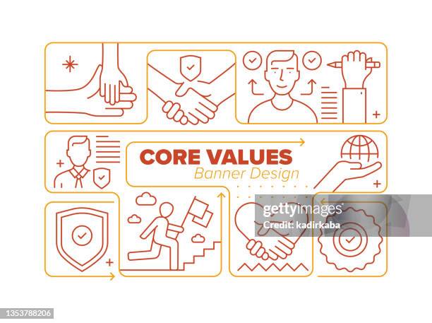 core values line icon set and related process infographic design - double vision stock illustrations
