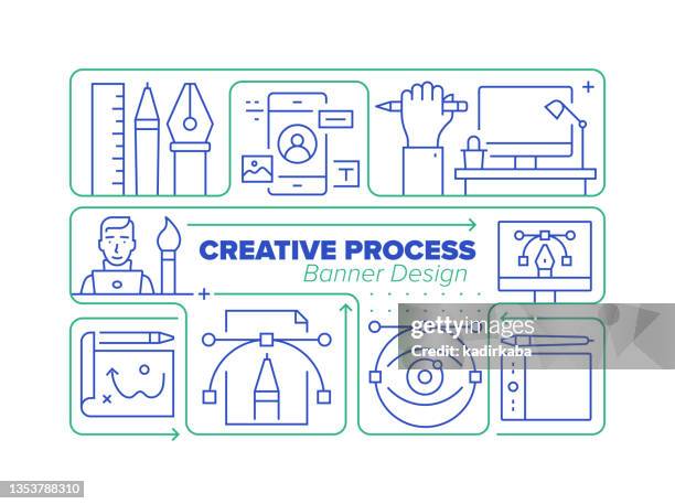 creative process line icon set and related process infographic design - web designer logo stock illustrations