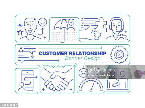 customer relationship line icon set and related process infographic design - client satisfaction guarantee stock illustrations