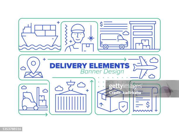 delivery elements line icon set and related process infographic design - cargo plane loading stock illustrations