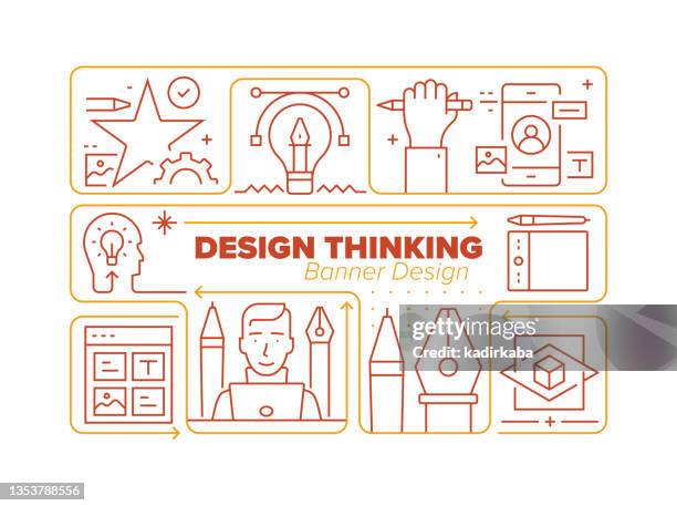 design thinking line icon set and related process infographic design - designer computer screen stock illustrations
