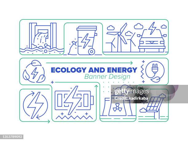 ecology and energy line icon set and related process infographic design - 水力發電 幅插畫檔、美工圖案、卡通及圖標