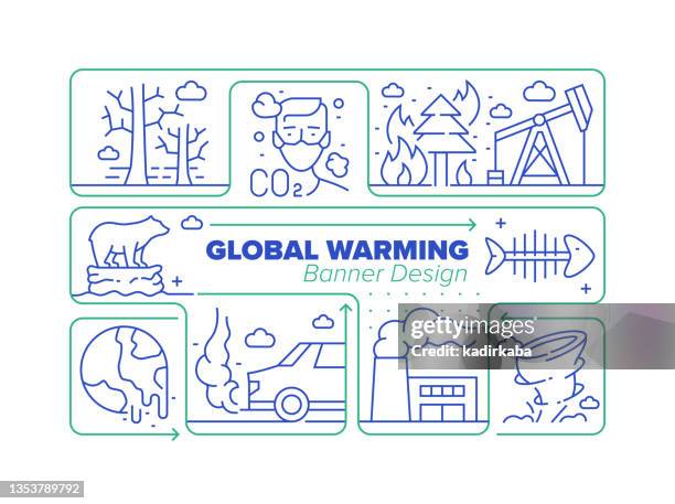 global warming line icon set and related process infographic design - tsunami warning stock illustrations