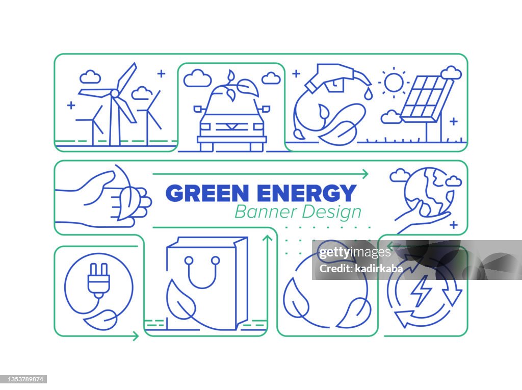 Green Energy Line Icon Set und zugehöriges Prozess-Infografik-Design