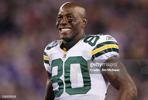 Donald Driver of the Green Bay Packers looks on during the game against the New York Giants on December 4, 2011 at MetLife Stadium in East...