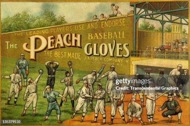 The Reach Sporting Goods Company uses artwork featuring a large number of major league stars to promote its baseball equipment, printed circa 1910 in...