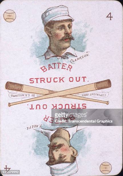 Hall of Fame baseball players John Clarkson and Tim Keefe appear on a game card from the E.R. Williams Company which were printed in 1889 in New York...
