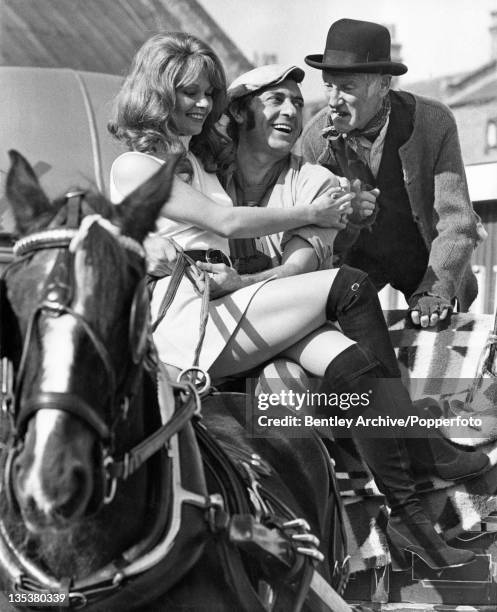 Carolyn Seymour, Harry H Corbett and Wilfrid Brambell , on the set of the film 'Steptoe and Son', London, 8th October 1971. The film, a spin-off from...