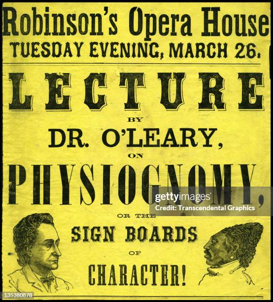 Poster announces a lecture on racial profiling to be held at Robinson's Opera House, printed circa 1850 in an unknown location.