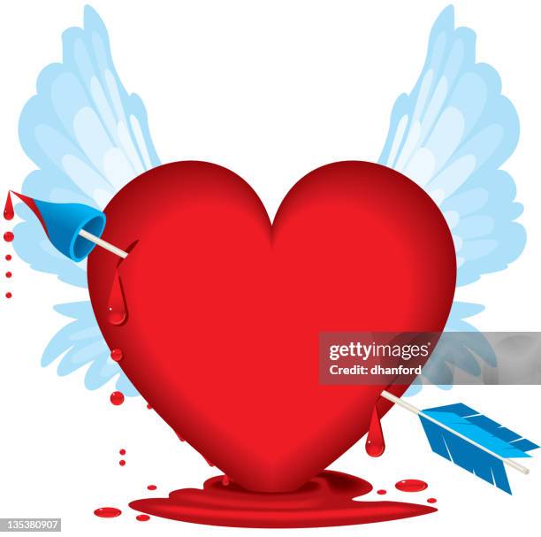 bleeding heart with arrow, blood drops and wings - pierced stock illustrations