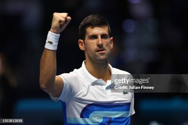 Novak Djokovic of Serbia celebrates winning his singles match against Andrey Rublev of Russia on Day Four of the Nitto ATP World Tour Finals at Pala...