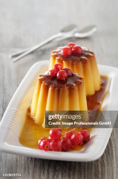 caramel pudding with caramel sauce and redcurrants - groselha vermelha imagens e fotografias de stock