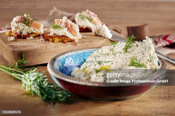 creamy trout dip with dill - cheese spread stock pictures, royalty-free photos & images