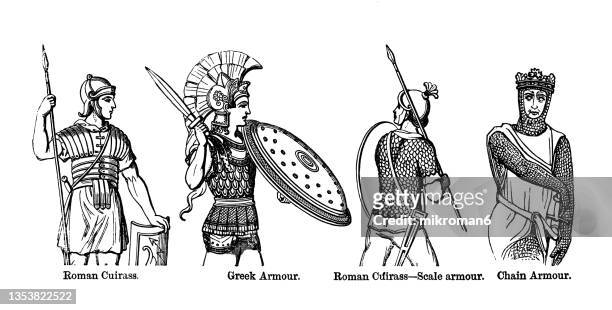 engraving illustration of types of historical armour - centurione stock pictures, royalty-free photos & images