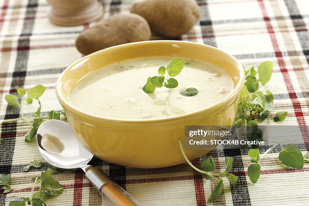 Potato soup in soup bowl